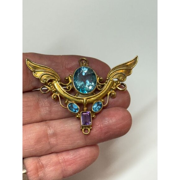 Vintage Shankari Angel Wings Pendant Blue Topaz Amethyst Sterling Silver Goddess - Picture 11 of 12